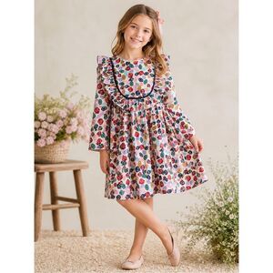 NWT Pink Chicken Girls Printed Ruffle Bib Dress | Whimsical Floral Long Sleeve,